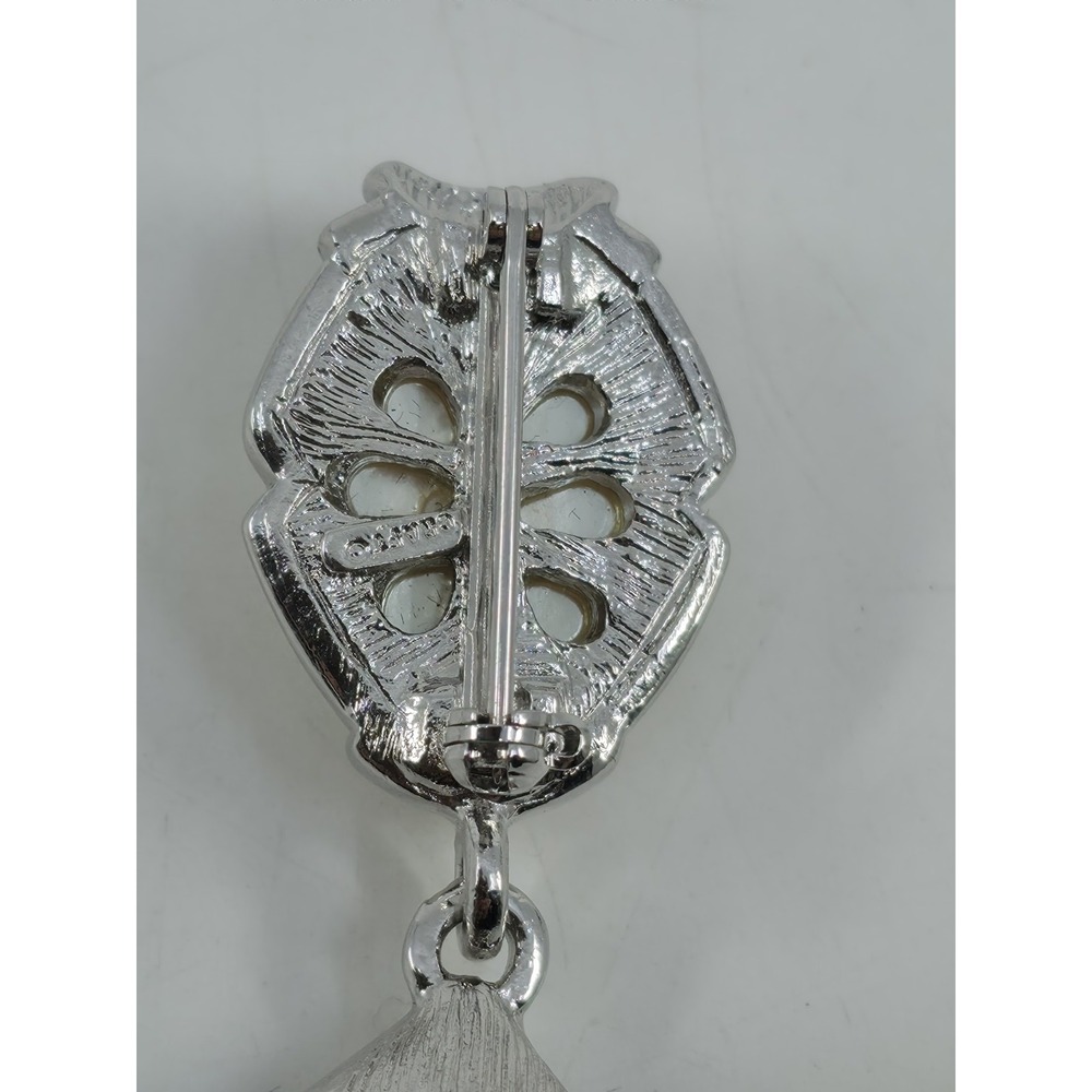 Vintage Signed Craft Silver Tone Faux Pearl Rhinestone Teardrop Crystal Brooch - Picture 5 of 6